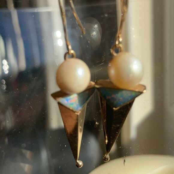 Vintage Gold Earrings Genuine 14K Gold Real Pearl Genuine Opal Artisan Earrings - Picture 6 of 16